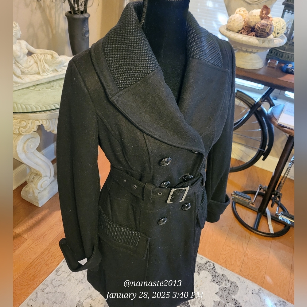 Guess Wool Blend Cable Knit Trim Pea Coat Designer Luxury Celebrity Winter #75